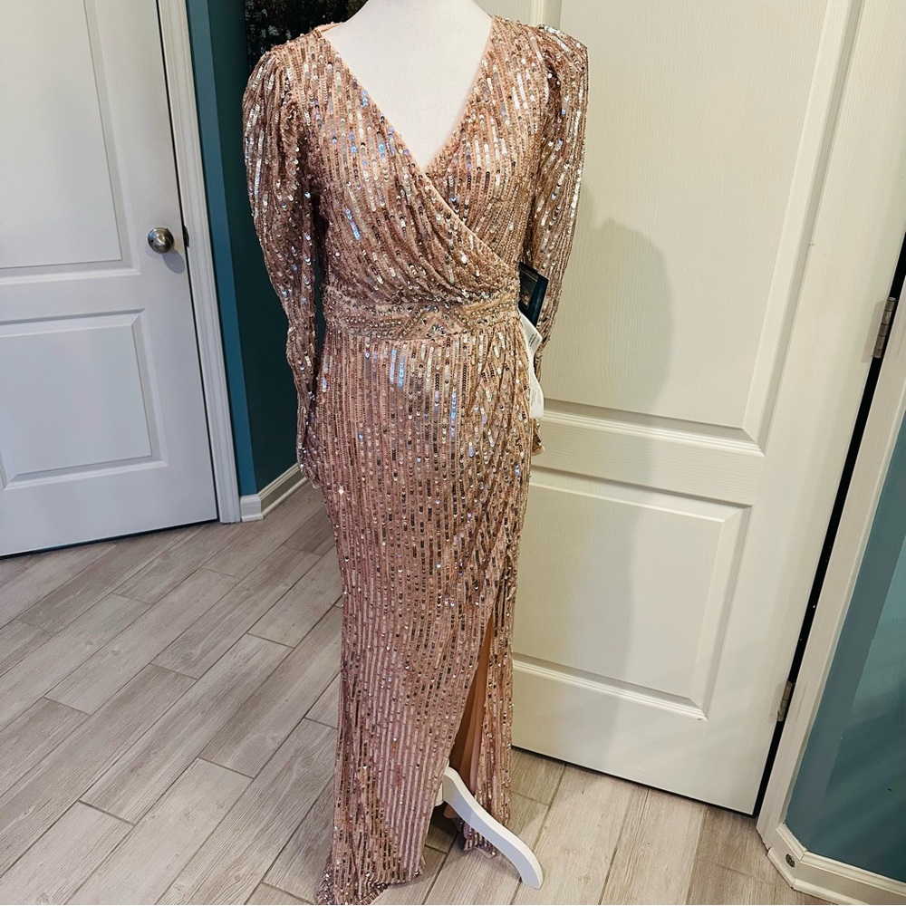 93549 Mac Duggal v neck sequin surplice puff sleeve wrap gown rose $598 NWT sz 6 - Picture 3 of 8